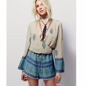Free People Janpath Paisley Print Tie Waist Boho Romper Teal Beige Medium
